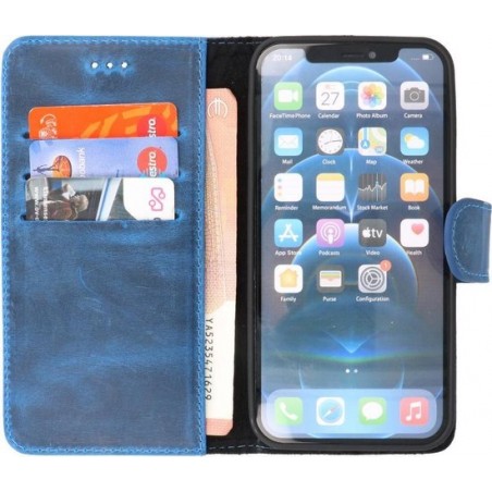 MP Case Echt Leer iPhone 12 (Pro) Hoesje Bookcase - Blauw