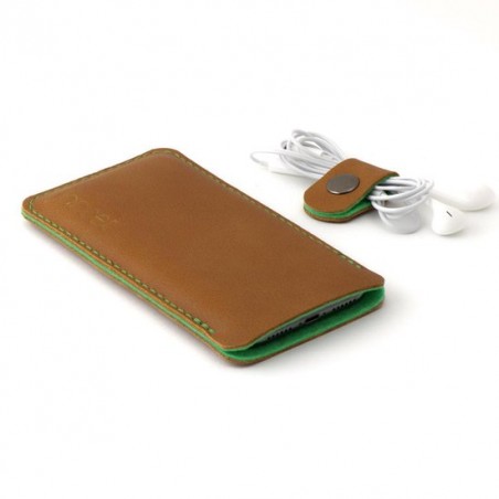 JACCET lederen iPhone X hoesje - Cognac kleur leer met groen wolvilt - Handmade in Nederland