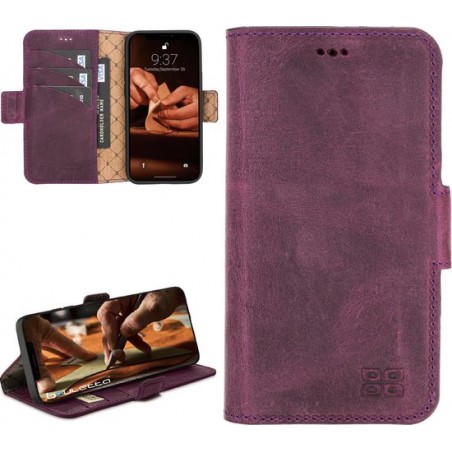 Bouletta - iPhone 12 - Lederen BookCase hoesje - Antique Purple