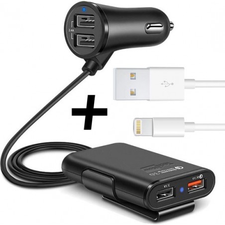 Autolader met 4 USB Poorten + Lightning Kabel - Oplader met Fast Charge - Zwart - TechNow