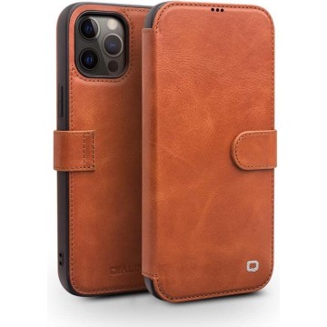 Qialino Luxe Genuine Leather Bookcase Hoesje iPhone 12 Pro Max - Lichtbruin