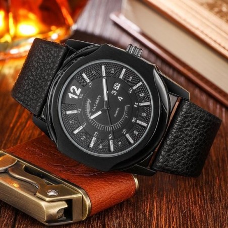 Let op type!! CAGARNY 6838(1) modieuze Quartz Wrist Watch with lederen Band voor mannen (Black Window [witte schaal)