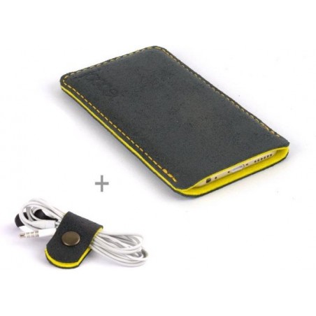 JACCET lederen iPhone 7 case - antraciet/zwart leer met geel wolvilt - Handmade in Nederland