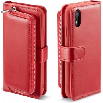 Voor iPhone XR gewone textuur rits horizontale flip lederen tas met kaartsleuven en portemonnee functie (rood)