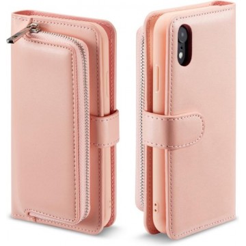 Voor iPhone XR gewone textuur rits horizontale flip lederen tas met kaartsleuven en portemonnee functie (roze)