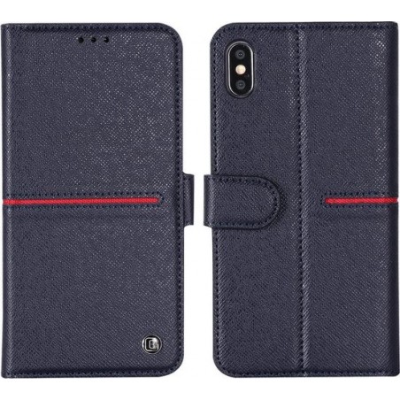 Voor iPhone XR GEBEI Top-grain lederen horizontale flip beschermhoes met houder & kaartsleuven & portemonnee & fotolijst (blauw)