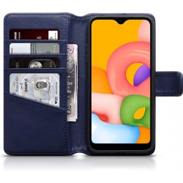 Samsung Galaxy A01 hoesje, MobyDefend luxe echt leren wallet bookcase, Blauw - Telefoonhoesje geschikt voor: Samsung Galaxy A01