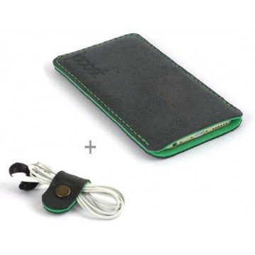 Jaccet - Galaxy Note 9 case - Handgemaakt Lederen insteekhoes - Zwart leer - Groen wolvilt voering