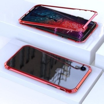 Let op type!! Ultra slanke magnetische adsorptie hoek frame gehard glas magneet flip case voor iPhone XR (rood)