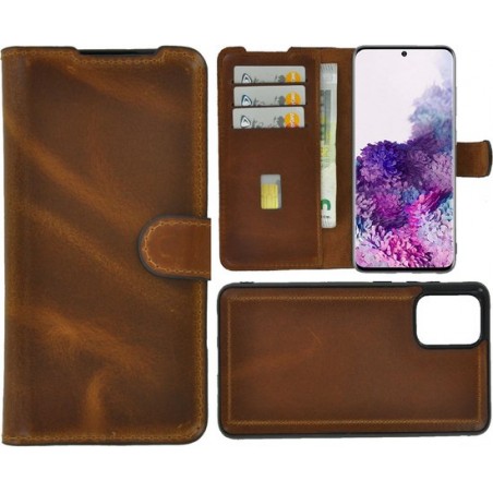 Samsung Galaxy S20 Plus hoesje - Bookcase - Portemonnee Hoes 2in1 Uitneembaar Echt leer Wallet case Cognac Bruin