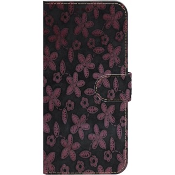 Made-NL Handmade Echt Leer Book Case Voor Samsung Galaxy A40s Donkergrijs leder met een roze bloemetje.