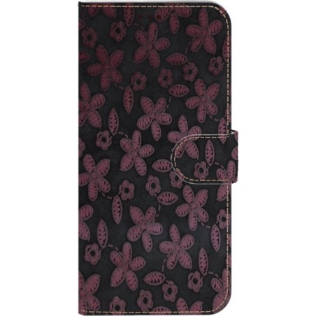 Made-NL Handmade Echt Leer Book Case Voor Samsung Galaxy A50 Donkergrijs leder met een roze bloemetje.