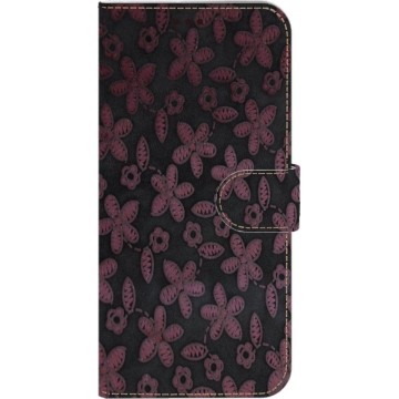 ★★★Made-NL★★★ Handmade Echt Leer Book Case Voor Samsung Galaxy S20 Plus Donkergrijs leder met een roze bloemetje.