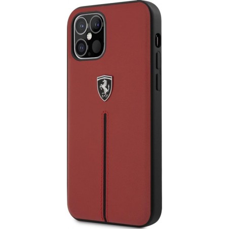 Ferrari Scuderia - Lederen backcover hoes - iPhone 12 / iPhone 12 Pro - Rood + Lunso Tempered Glass