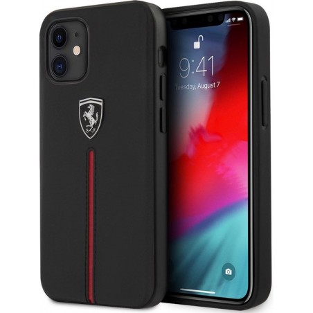 Ferrari Scuderia - Lederen backcover hoes - iPhone 12 Mini - Zwart + Lunso Tempered Glass