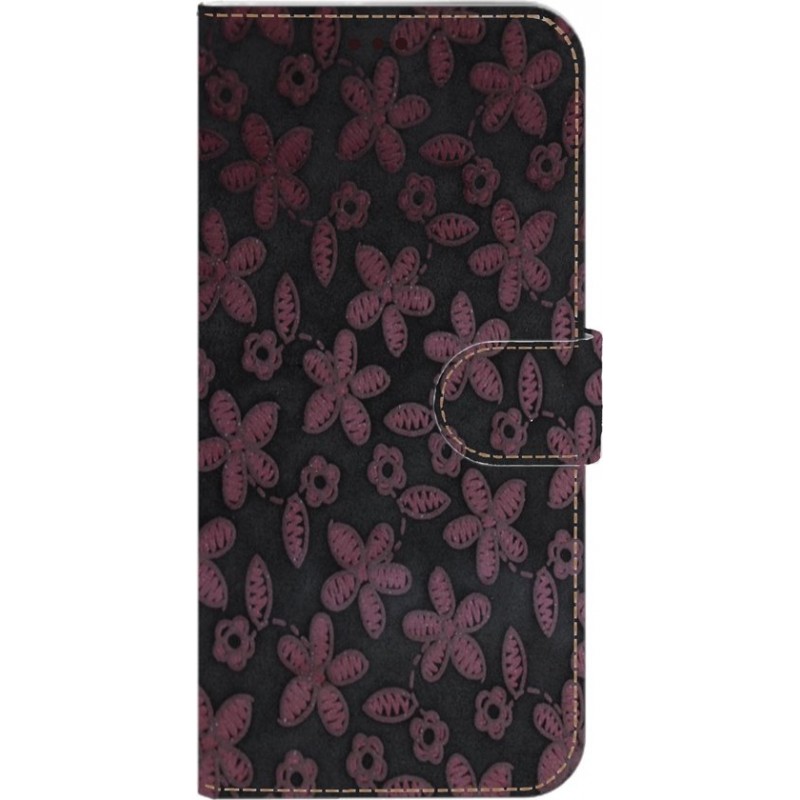 Made-NL Handmade Echt Leer Book Case Voor Samsung Galaxy M30 Donkergrijs leder met een roze bloemetje.
