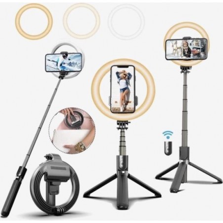 Selfie ring licht met statief- 4-in-1 Selfie Stick Tripod met Ring Lamp- 3 Licht Standen- 16 CM LED