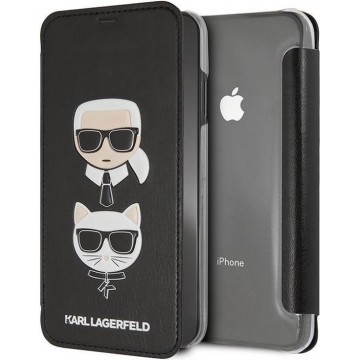 Karl Lagerfeld Book Case Zwart - Cool Karl + Cool Choupette iPhone Xs Max - Achterkant Transparant