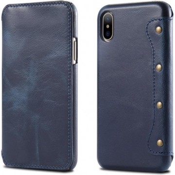 Oil Wax Top-grain koeienhuid horizontale flip lederen case voor iPhone XS Max, met kaartsleuven en portemonnee (blauw)