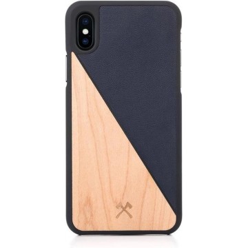 Woodcessories - iPhone X / Xs Hoesje - EcoSplit Leather Esdoorn en Leer Donker Blauw