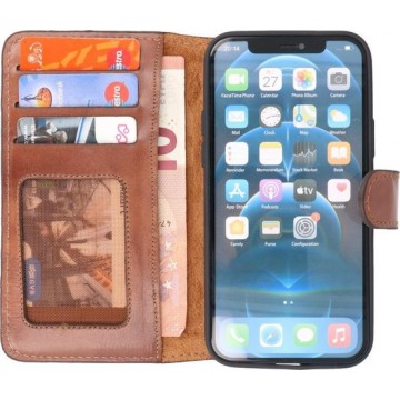 krasvrij Handmade Leer Hoesje - Wallet Cases Portemonnee - Lederen Telefoonhoesje -  iPhone 12 -  iPhone 12 Pro - Bruin