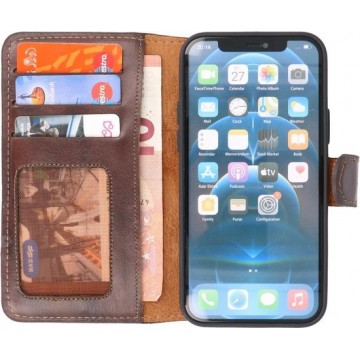 krasvrij Handmade Leer Hoesje - Wallet Cases Portemonnee - Lederen Telefoonhoesje -  iPhone 12 -  iPhone 12 Pro - Mocca
