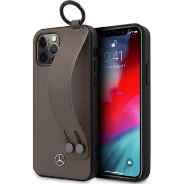 Mercedes - Leren Backcover hoes met Handstrap - iPhone 12 / iPhone 12 Pro - Bruin + Lunso Tempered Glass
