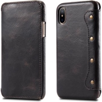 Oil Wax Top-grain koeienhuid horizontale flip lederen case voor iPhone XS Max, met kaartsleuven en portemonnee (zwart)