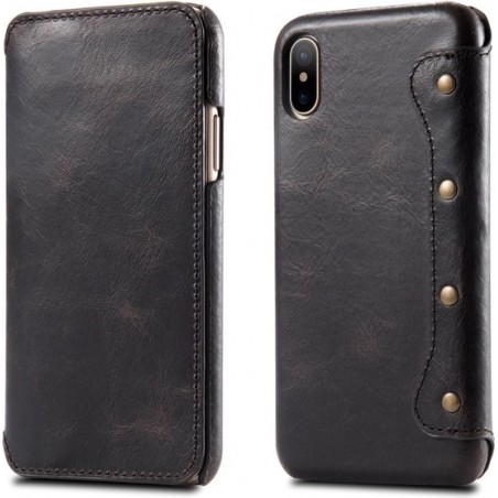 Oil Wax Top-grain koeienhuid horizontale flip lederen case voor iPhone XS Max, met kaartsleuven en portemonnee (zwart)