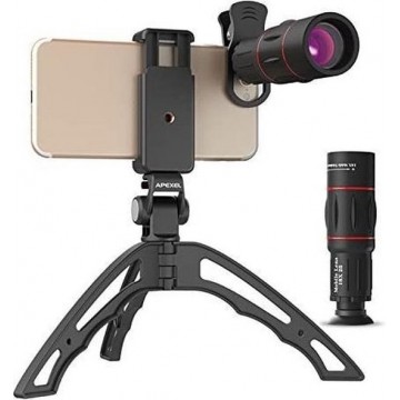 DrPhone APEX 4 in 1 Telefoon Camera Lens Set – 18x Zoom Lens – Fish Eye Lens – Groothoek Lens – Macro Lens – Statief – Zwart
