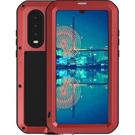 Huawei P30 hoes, Love Mei, metalen extreme protection case, zwart-rood - Telefoonhoes geschikt voor: Huawei P30