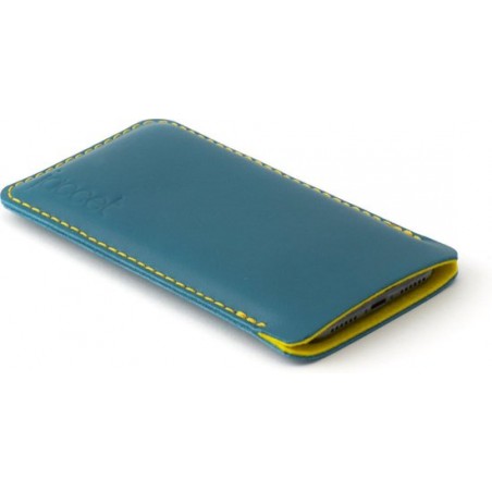 JACCET leren iPhone 8 hoesje - Turquoise volnerf leer met geel wolvilt - Handmade in Nederland