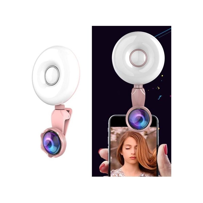 Let op type!! RK33C professionele Beauty Selfie licht Selfie Clip Flash Fill Light met HD 4K groothoek / 20 X macrolens (roze)