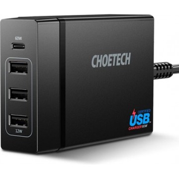 Choetech USB-C stroomadapter met PD 3 laadpoorten - 3A - Zwart