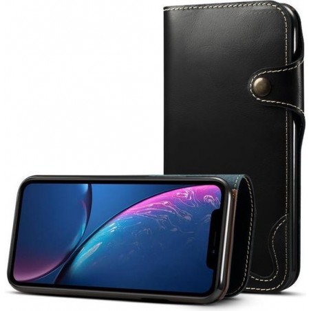 Voor iPhone XR Denior Oil Wax koeienhuid magnetische knop Horizontale flip lederen tas met kaartsleuven en portemonnee (zwart)