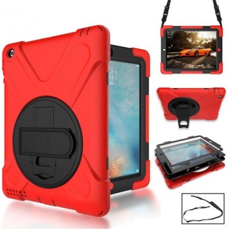 Let op type!! 360 graden rotatie siliconen beschermhoes met houder en hand riem en lange riem voor iPad 5/iPad Air (rood)