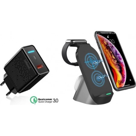 DrPhone QW2 – 3 in 1 Draadloze lader – Dock - Veilig Laden - iPhone – Apple Watch / Airpods Pro – 15W + QC Adapter- Zwart