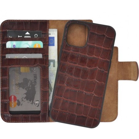 iPhone 12 hoesje - Bookcase - Portemonnee Hoes 2in1 Uitneembaar Echt leer Wallet case Croco Bruin