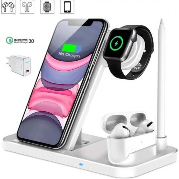 DrPhone DFC - 4 in 1 Draadloze Oplader – Fast Charge Oplaadstation voor Watch Series 4/5/6 /SE AirPods Pro / 2 & Pencil – Wit
