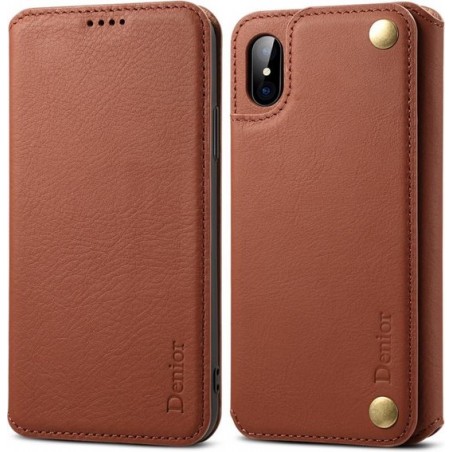 Voor iphone xs max denior v4 luxe auto koeienhuid horizontale flip lederen case met houder & kaartsleuven & portemonnee (bruin)