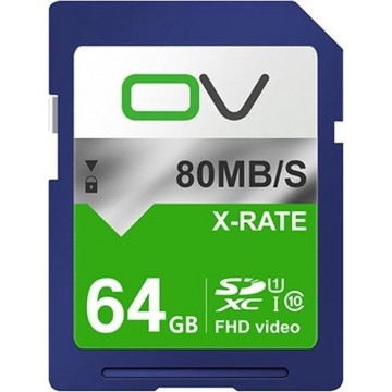 Let op type!! OV 64GB 10/80 W/R High Speed Class10 FHD video SD-kaart (blauw)