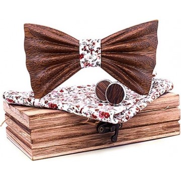 Let op type!! 4 in 1 Mannen 3D Emboss Wood Bow-knot + Pocket Square Towel + Wood Box + 2 Cufflinks Set (T248-C3)