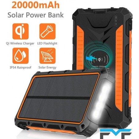 FMF - Solar - QI Wireless - Powerbank - 20.000 mAh - Verlichting - Zonne-energie - USB oplader - Outdoor