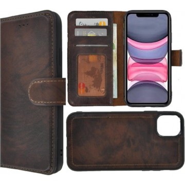 iPhone 11 hoesje - Bookcase - Portemonnee Krasvrij 2in1uitneembaar Hoes Echt leer Wallet case Middenbruin