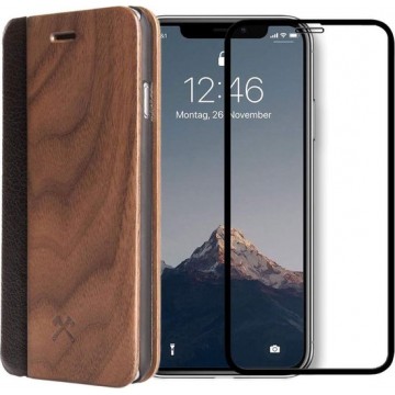 iPhone Xs Max Bookcase hoesje - Woodcessories - Effen Walnotenhout - Hout