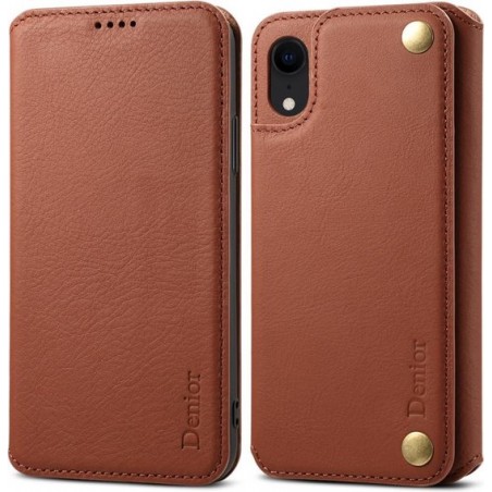 Voor iphone xr denior v4 luxe auto koeienhuid horizontale flip lederen case met houder & kaartsleuven & portemonnee (bruin)