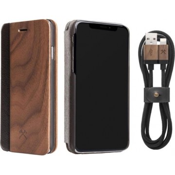 Woodcessories EcoFlip iPhone X/Xs hoesje van Echt Hout met EcoCable Lightning USB kabel Bundel Pakket