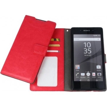 Sony Xperia C5 Luxury PU Leather Flip Case With Wallet & Stand Function Rood Red