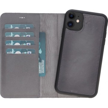 Hoesje iPhone 11 6.1'' Oblac® - Full-grain leer - Magnetisch 2IN1- RFID -  5 kaartvakken - Rustiek Grijs