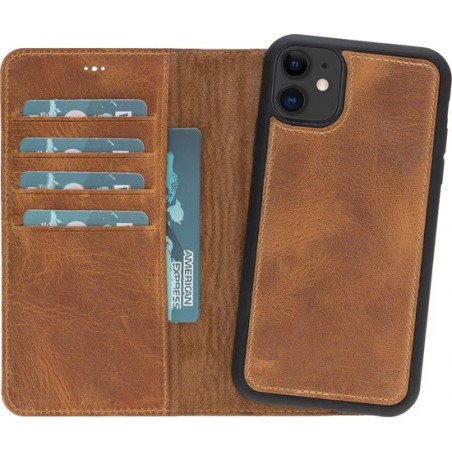 Hoesje iPhone 11 6.1'' Oblac® - Full-grain leer - Magnetisch 2IN1- RFID -  5 kaartvakken - Goud Bruin